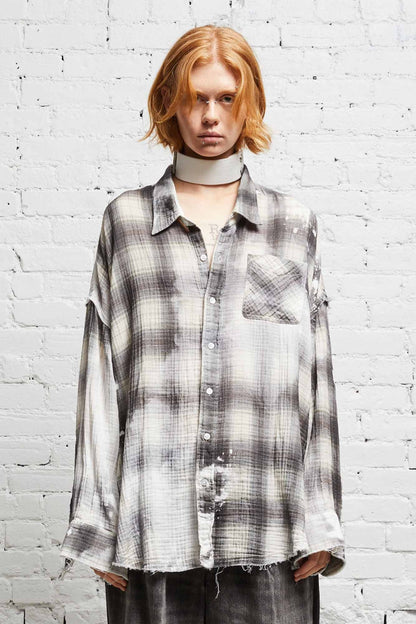 R13 Shredded Seam Drop Neck Printed Plaid Shirt