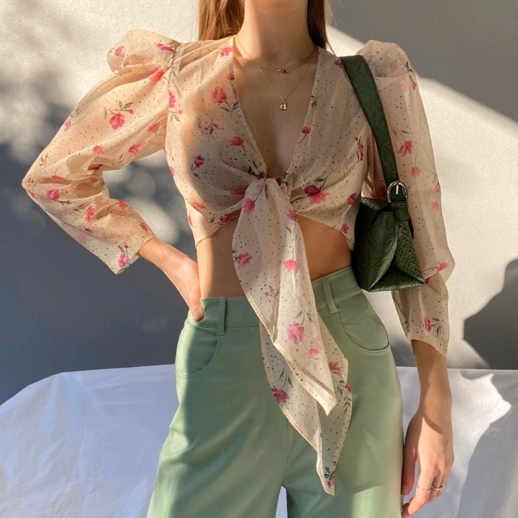 L' Academie The Lottie Long Sleeve Sheer Crop Top