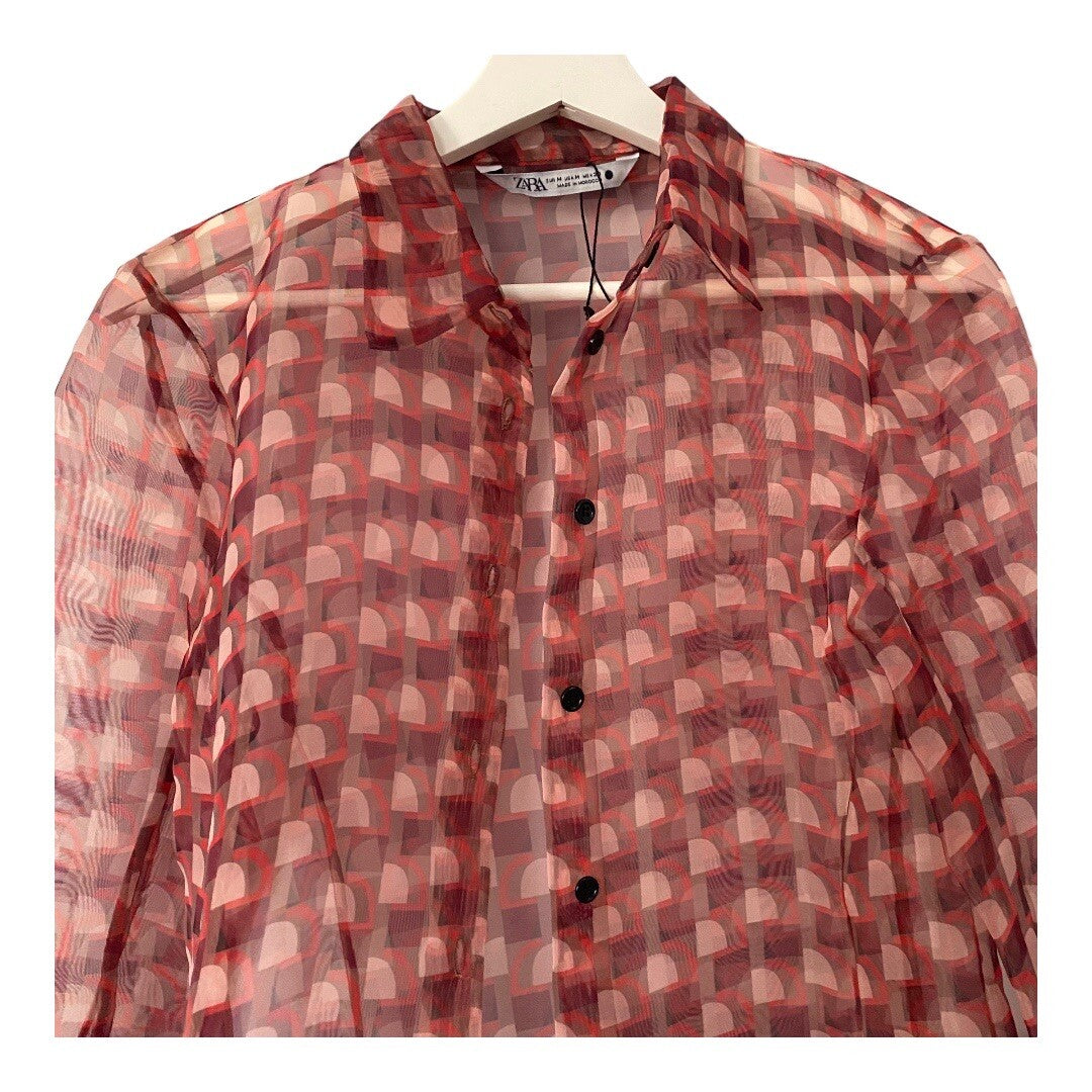 Zara Brown/Red Printed Organza Sheer Button Down Shirt Blouse Top