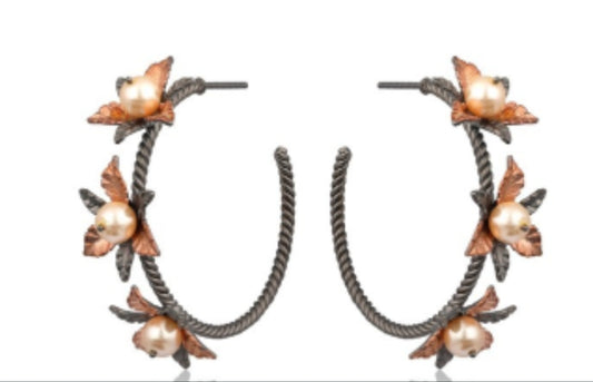 2 Tone Floral Earrings (Gun Metal)