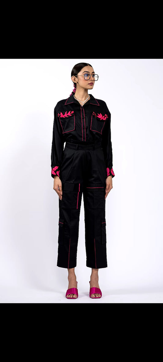 Dramebaaz - Black cotton embroidered cord set