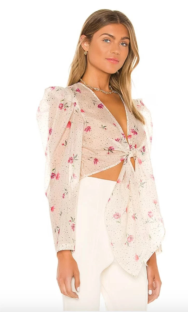 L' Academie The Lottie Long Sleeve Sheer Crop Top