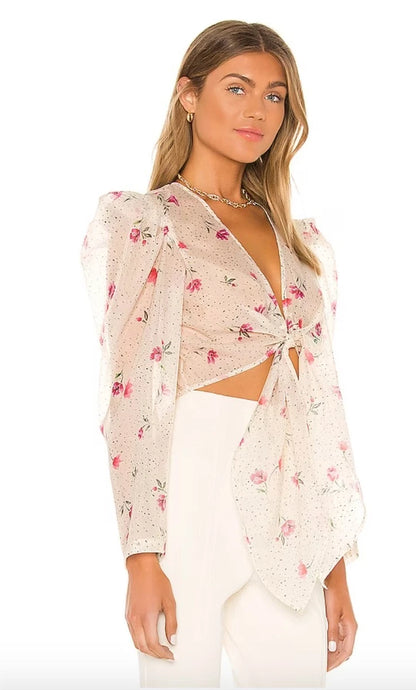 L' Academie The Lottie Long Sleeve Sheer Crop Top