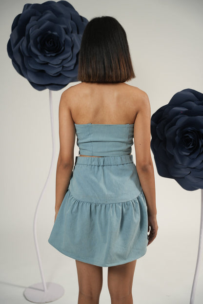 Denim Bloom Strapless Top With Bloom Gathered Mini Skirt