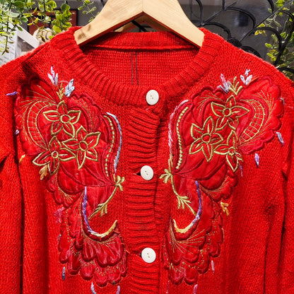 Red Embroidered Christmas Sweater