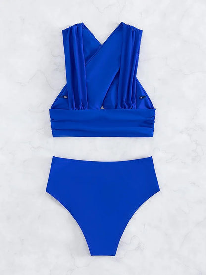Peachy Blue High-Waisted Bikini Set: Korean-Style Push-Up Swimwear for Women