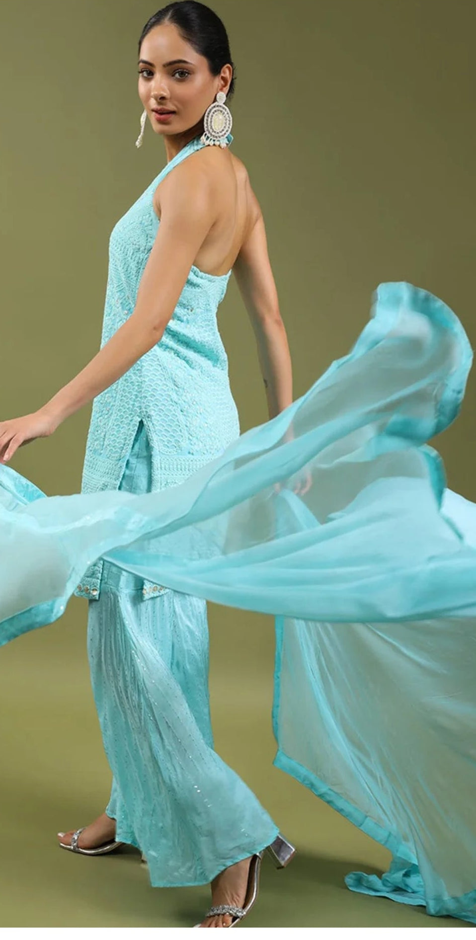 Handme Blue Floral Kurta With Sharara & With Dupatta