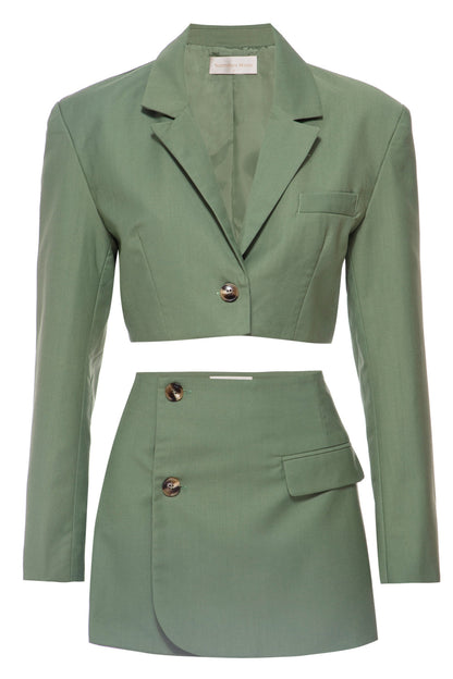 Green Cropped Blazer And Skirt Set