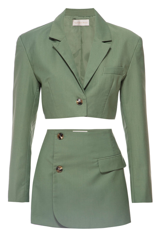 Green Cropped Blazer And Skirt Set