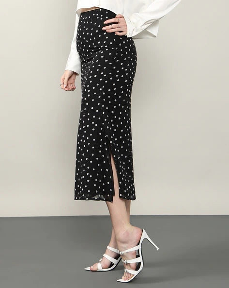 Shein Slit Feminine Polka-dot Pattern Midi (below The Knee) Skirt