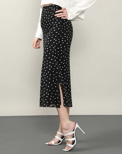Shein Slit Feminine Polka-dot Pattern Midi (below The Knee) Skirt