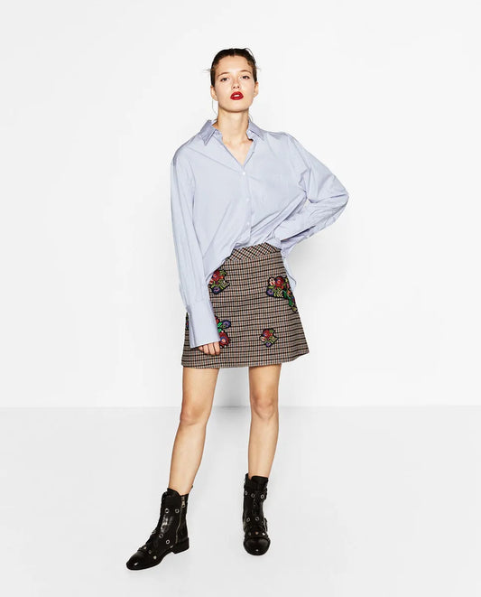 Zara Brown Floral Embroidered Checked Mini Skirt