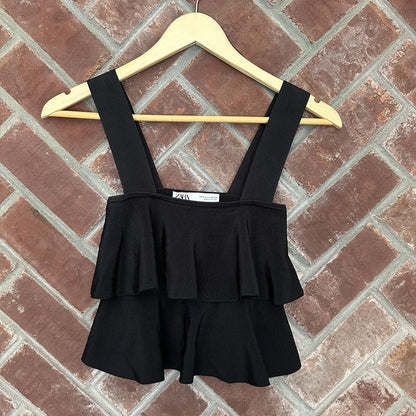 Zara Tank Top Ruffle Crop Black Womens Size Small Stretch Sexy Cute