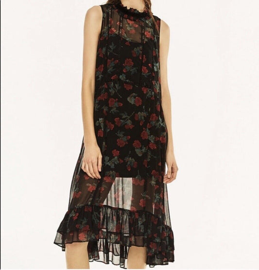 Zara Sheer Rose Printed Dress with Lace detail