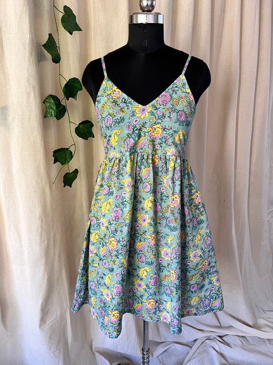 Sage Block Print Dress (smock detail at the back)