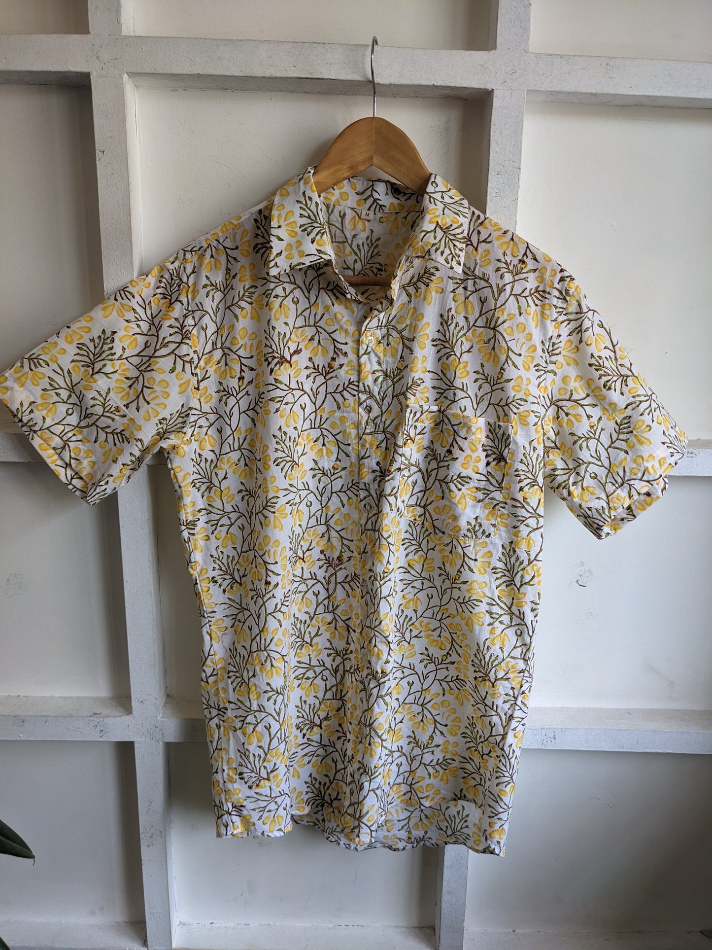 White & Yellow Flower Block Print Shirt